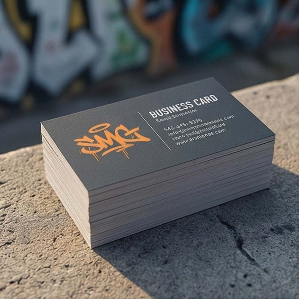 Stack of business cards with a bold graffiti-style logo printed on the front.