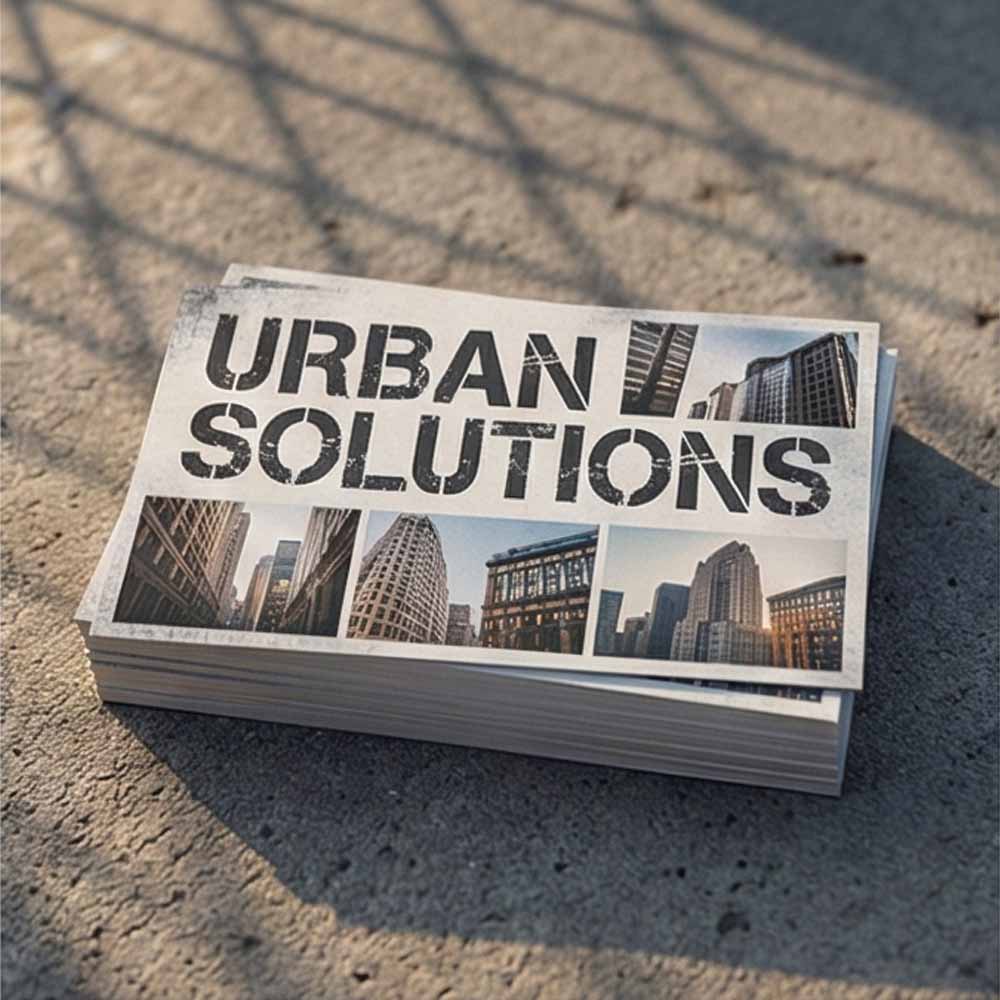 Stack of postcards with an "Urban Solutions" design featuring cityscape photos.