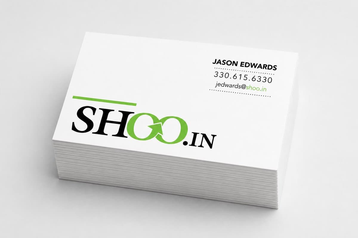 Shoo.in business cards for Jason Edwards, stacked, black and lime logo