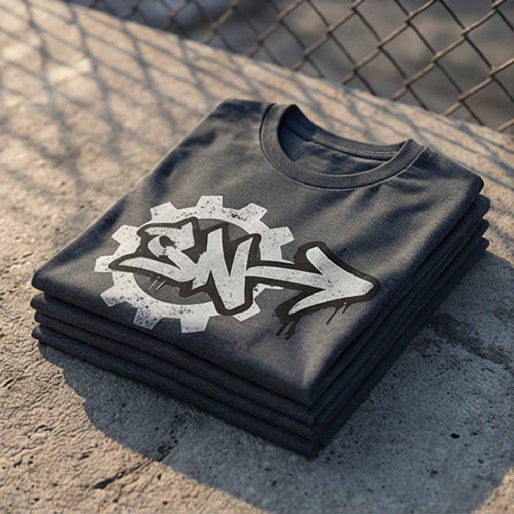 Stack of folded t-shirts with a bold arrow and gear graphic printed on the front.